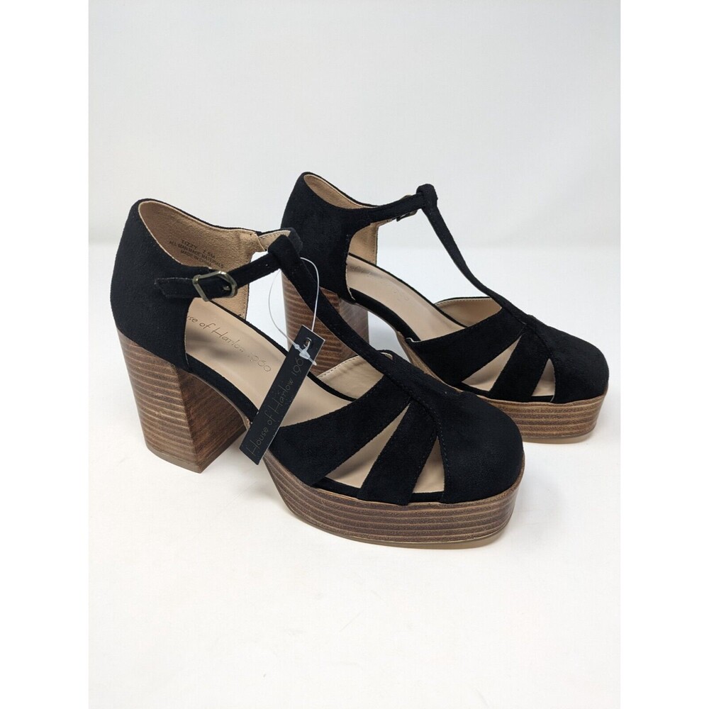 Black Suede T-Strap Platform Heels